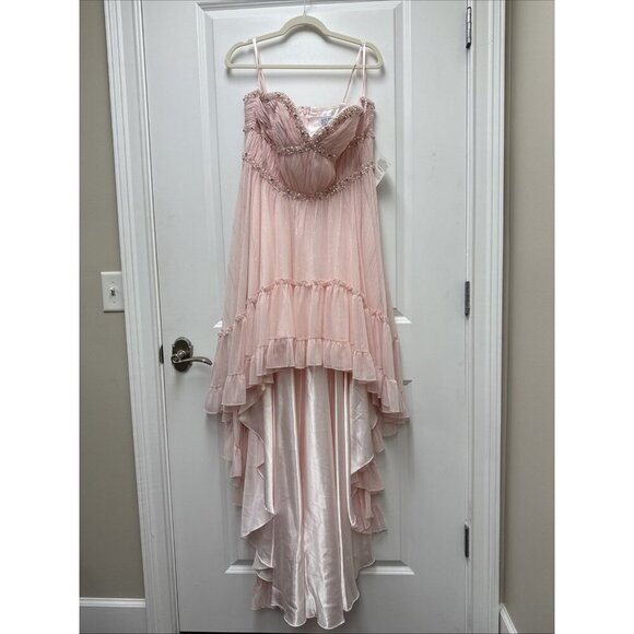 New Mac Duggal Size 12 Pink 68096 Beaded Strapless Ruffle High Low Gown Dress - Picture 5 of 12